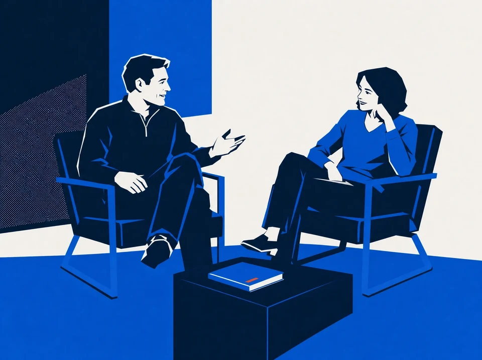 Illustration of an expert listening to a client beside a closed proposal.