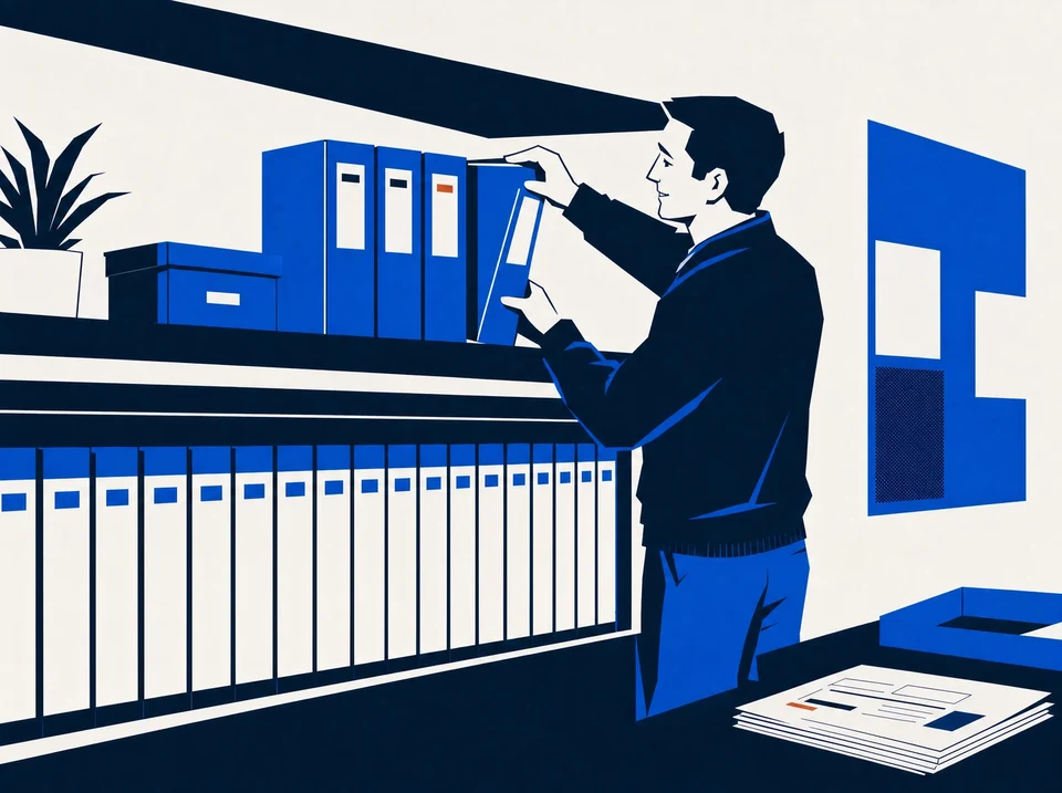 Illustration of focused service binders above an archive of earlier work.