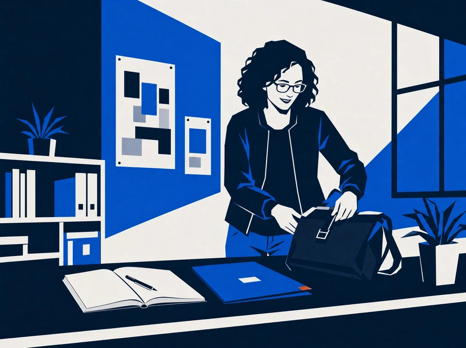 Illustration of an operator closing a work bag beside a project desk.