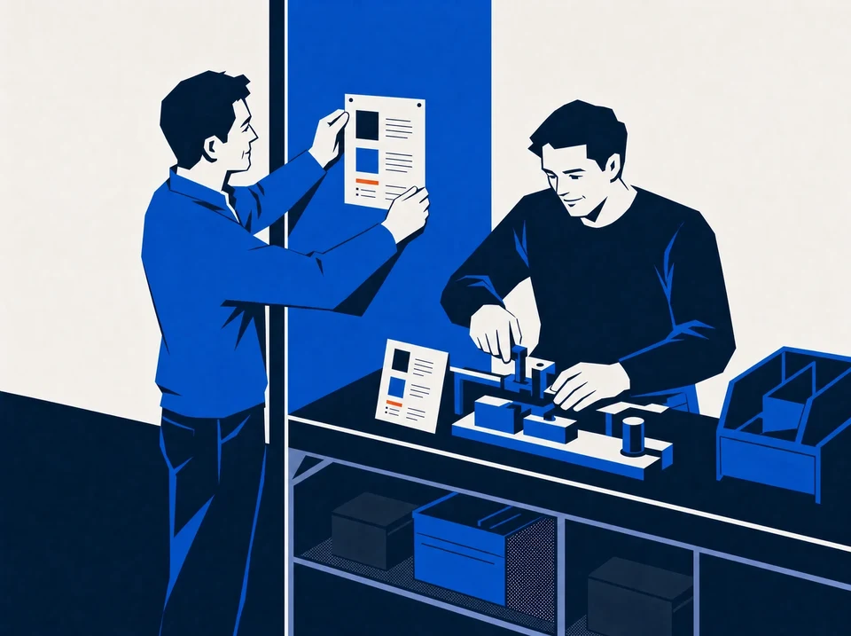 Illustration of a colleague following instructions at a prototype workstation.