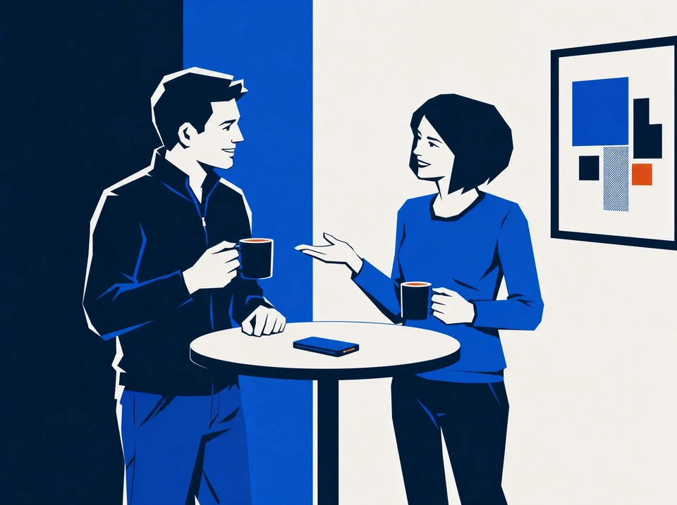 Illustration of an agency owner explaining her work to a friendly acquaintance at a high-top table during a casual meetup.