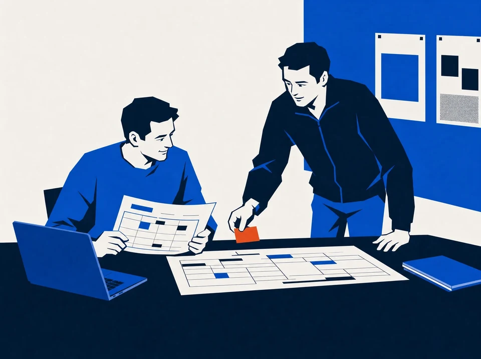 Illustration of a colleague adding a dependency card beside a project schedule.