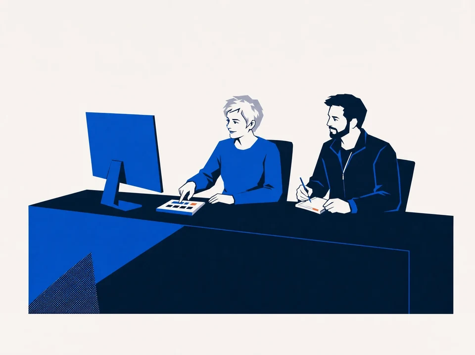 Illustration of a participant operating a prototype while an observer takes notes.