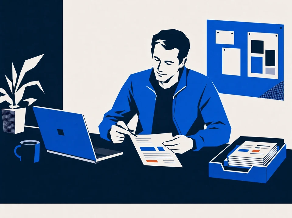 Illustration of an operator reviewing a draft beside a task tray.