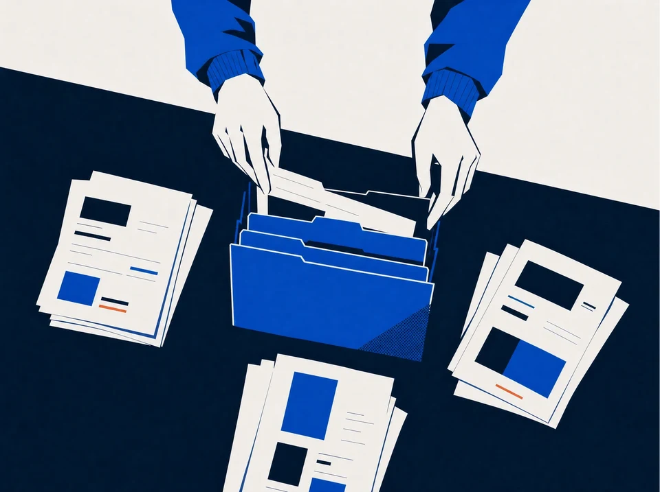 Illustration of hands combining service papers in a folder with tier dividers.