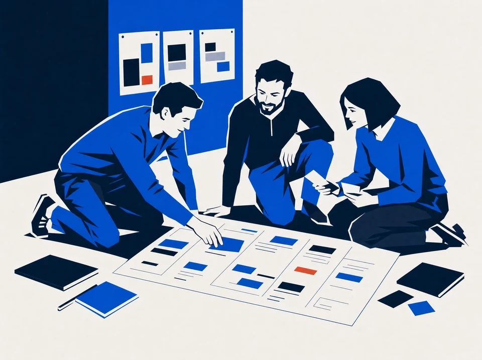 Illustration of three colleagues arranging a planning grid on the studio floor.