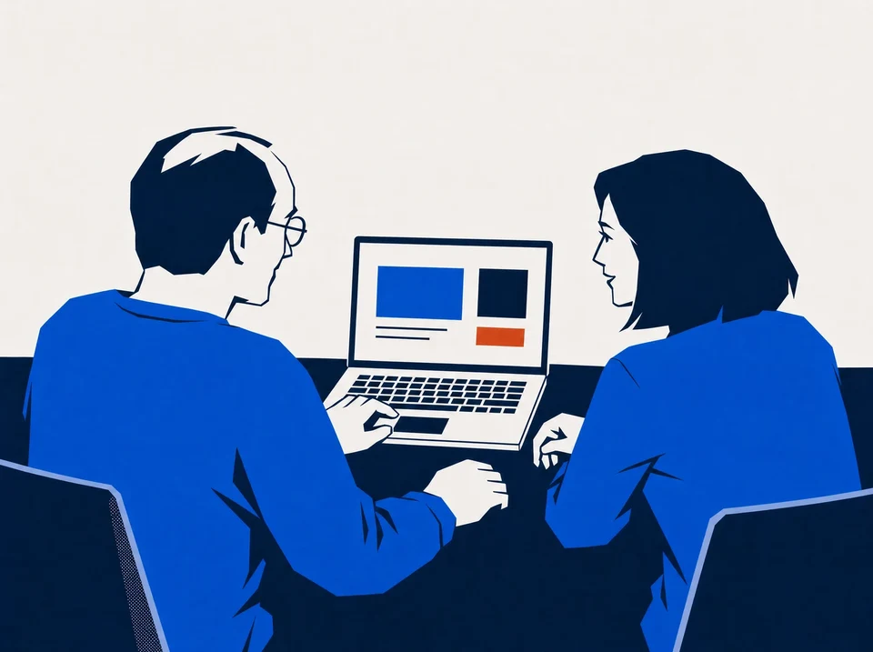 Illustration of two colleagues viewing a website on a shared laptop.