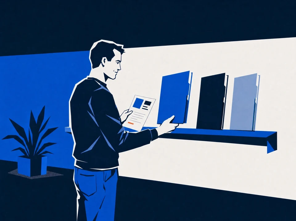Illustration of an owner comparing three service options with a needs sheet.