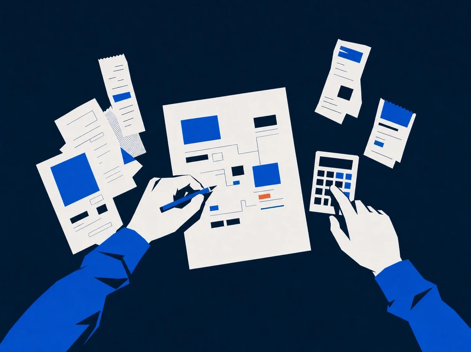 Illustration of expense slips beside a worksheet and calculator.
