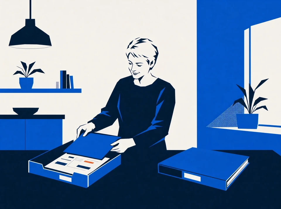 Illustration of an owner selecting a small client folder beside a larger closed binder.