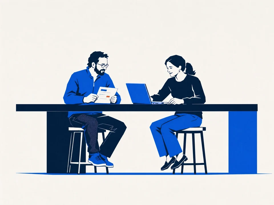 Illustration of colleagues reviewing access requirements beside a laptop and security key.