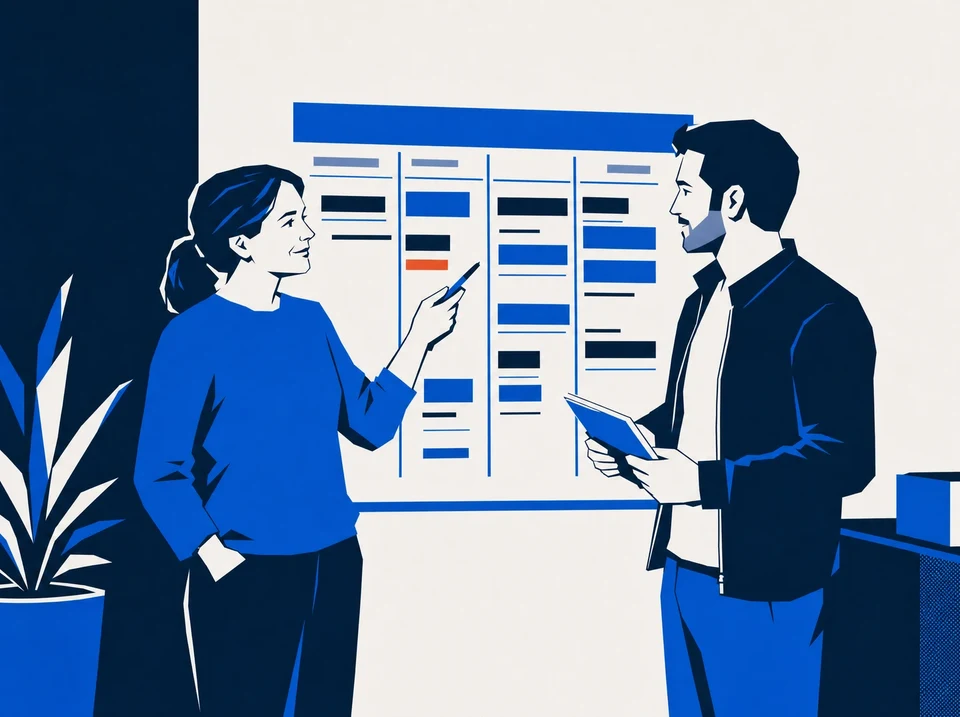 Illustration of an owner and advisor discussing responsibilities beside a schedule.