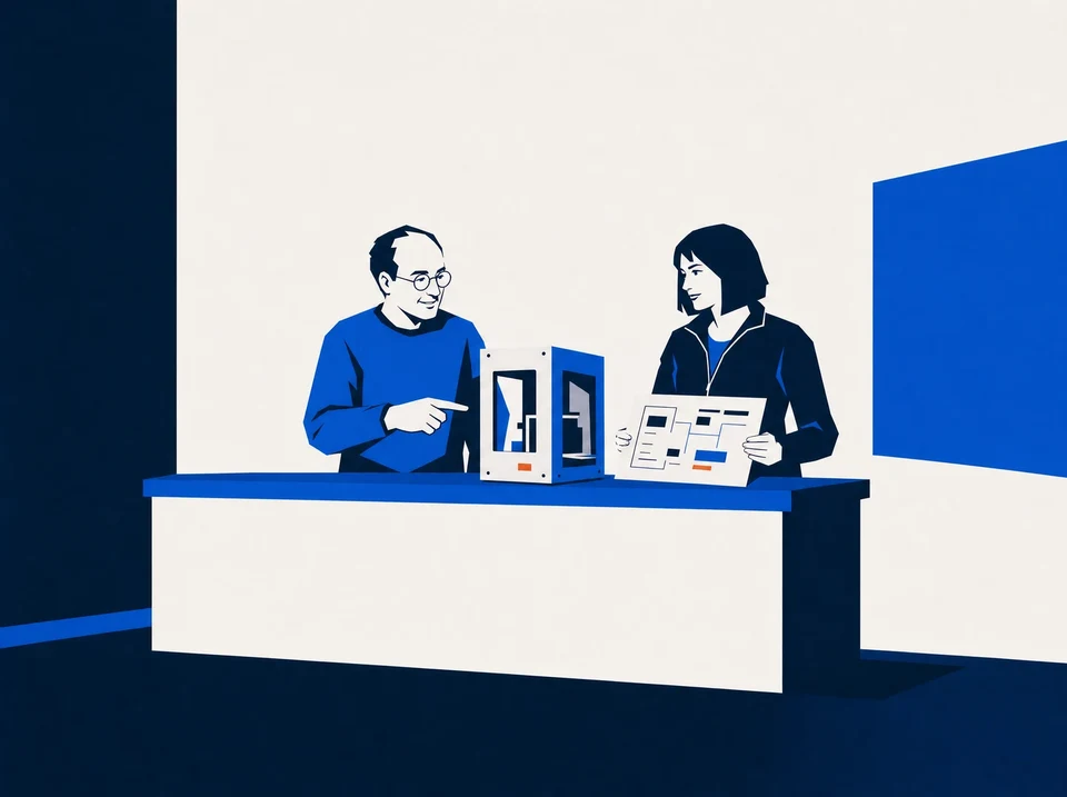 Illustration of product operators comparing a safety enclosure with a requirements sheet.