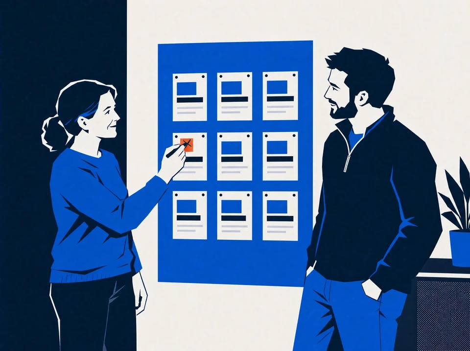 Illustration of an owner marking a stalled client folder for follow-up.