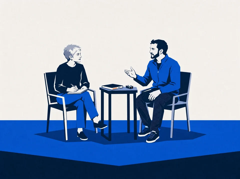 Illustration of a client conversation with a recorder and an evidence folder.