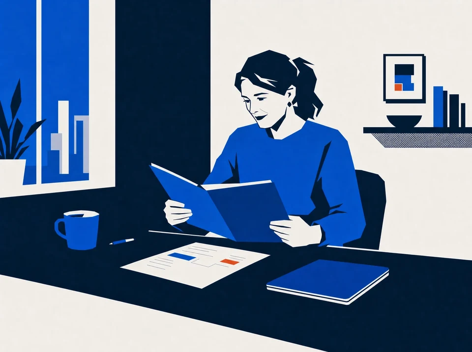 Illustration of a salesperson reviewing a client folder before a qualification call.