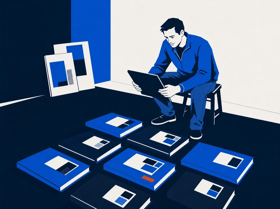Illustration of an owner reviewing completed project folders from a low stool.