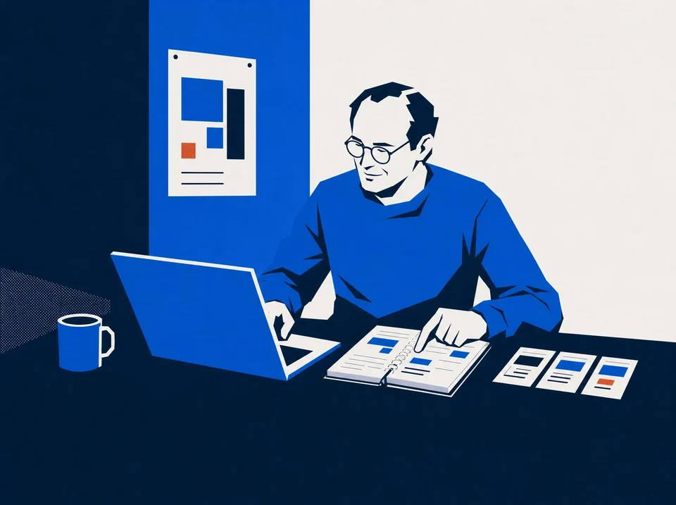 Illustration of an owner comparing a notebook with a laptop and planning cards.