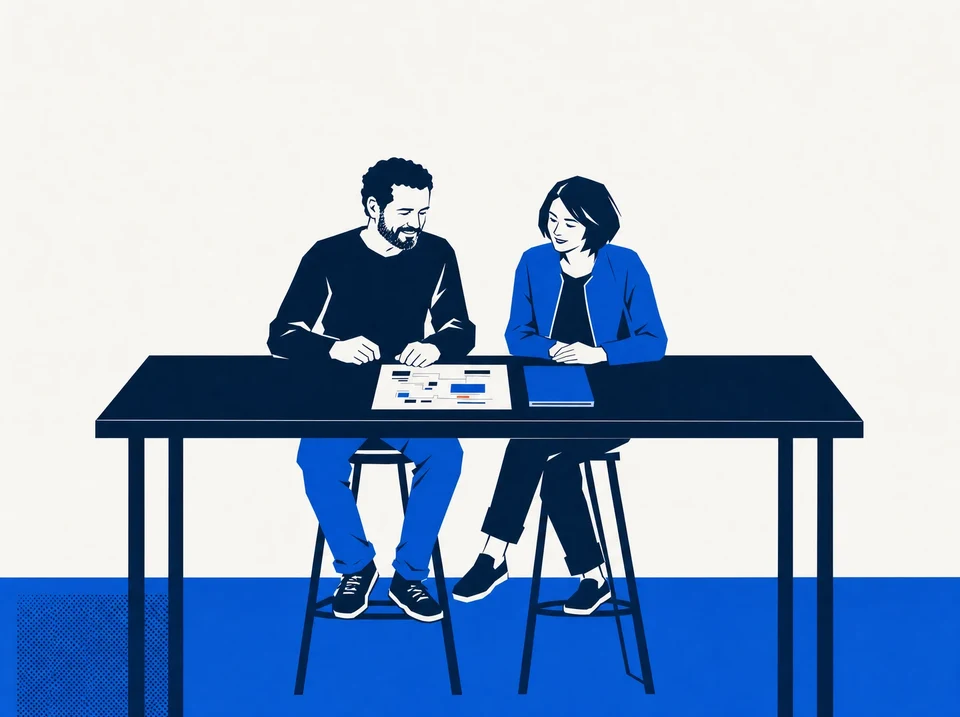 Illustration of two colleagues reviewing an acceptance sheet at a high counter.