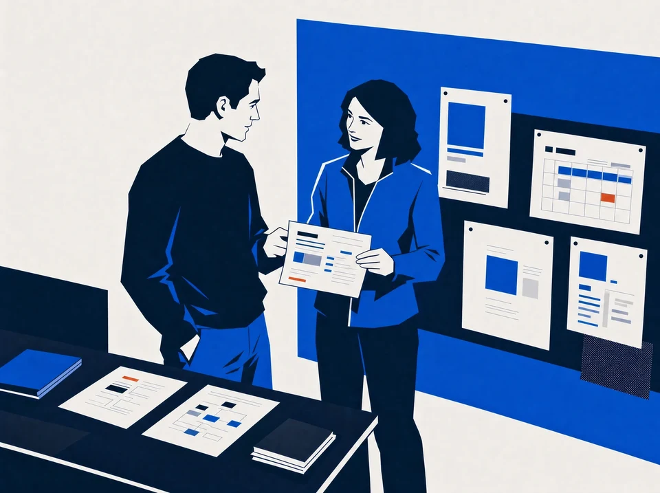 Illustration of colleagues discussing a client folder and a short internal brief.