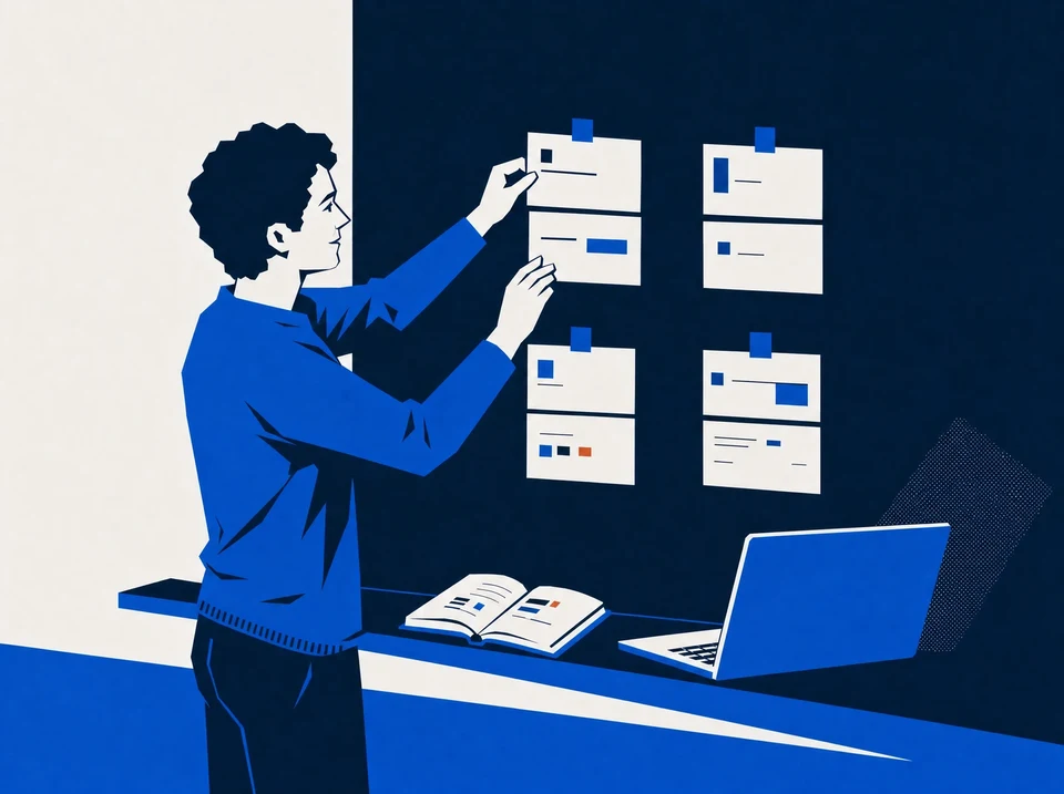 Illustration of a writer arranging publishing cards beside a notebook and laptop.