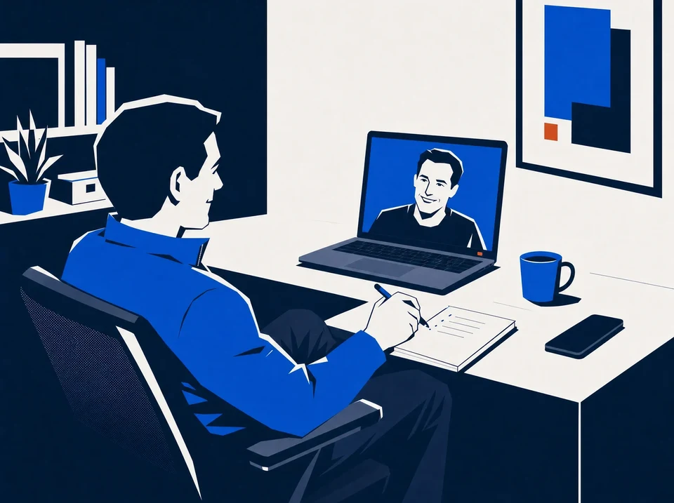 Illustration of an agency owner at a home-office desk taking notes during a friendly video call with the owner of a partner firm.