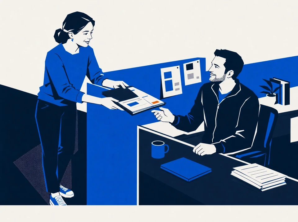 Illustration of a client folder passing between adjacent workstations.