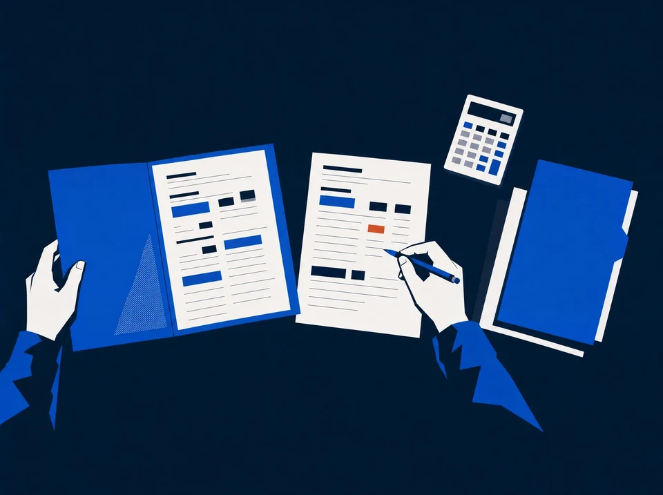 Illustration of an owner comparing a cost sheet with a service folder and calculator.