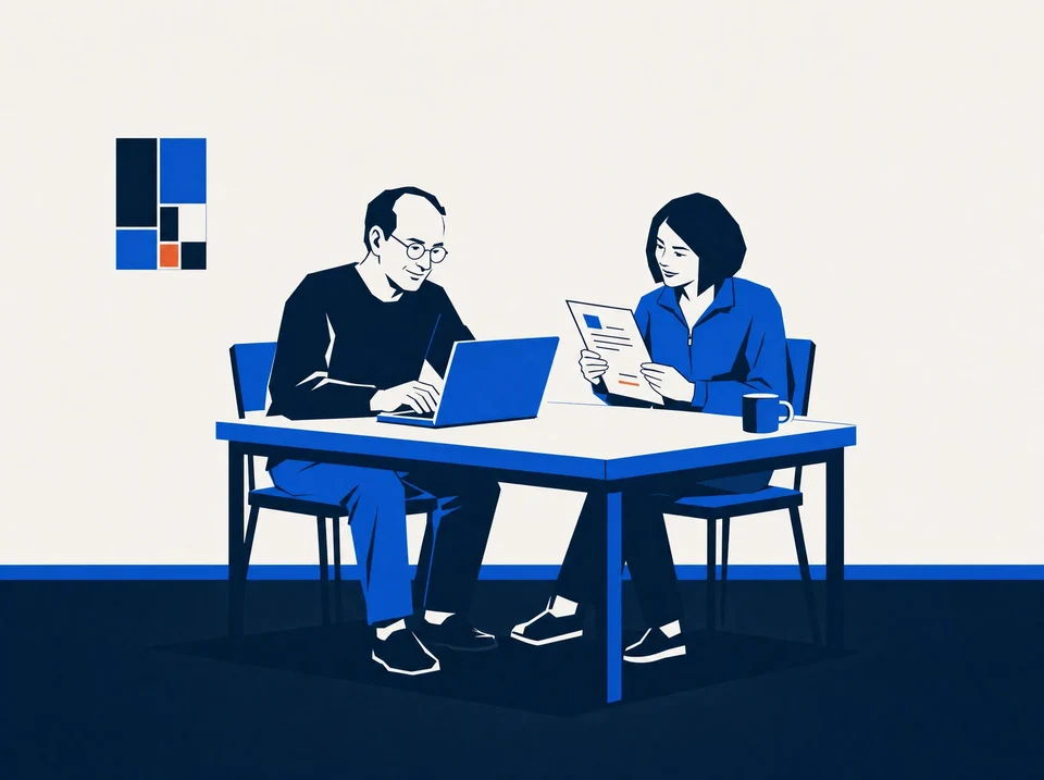 Illustration of colleagues comparing CRM requirements beside a laptop.