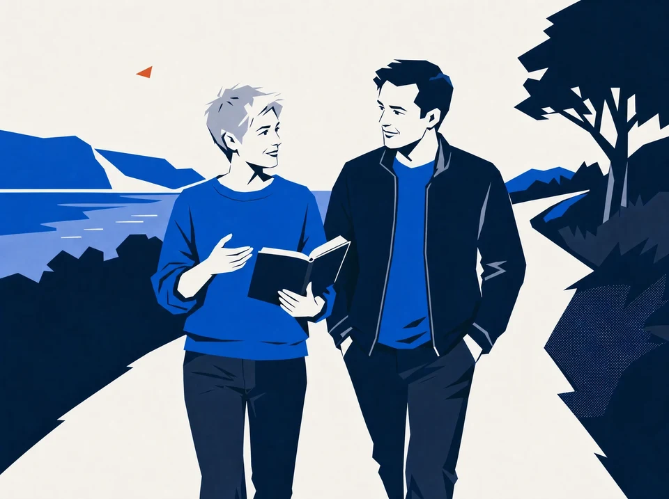 Illustration of two leaders walking beside the water with a notebook.