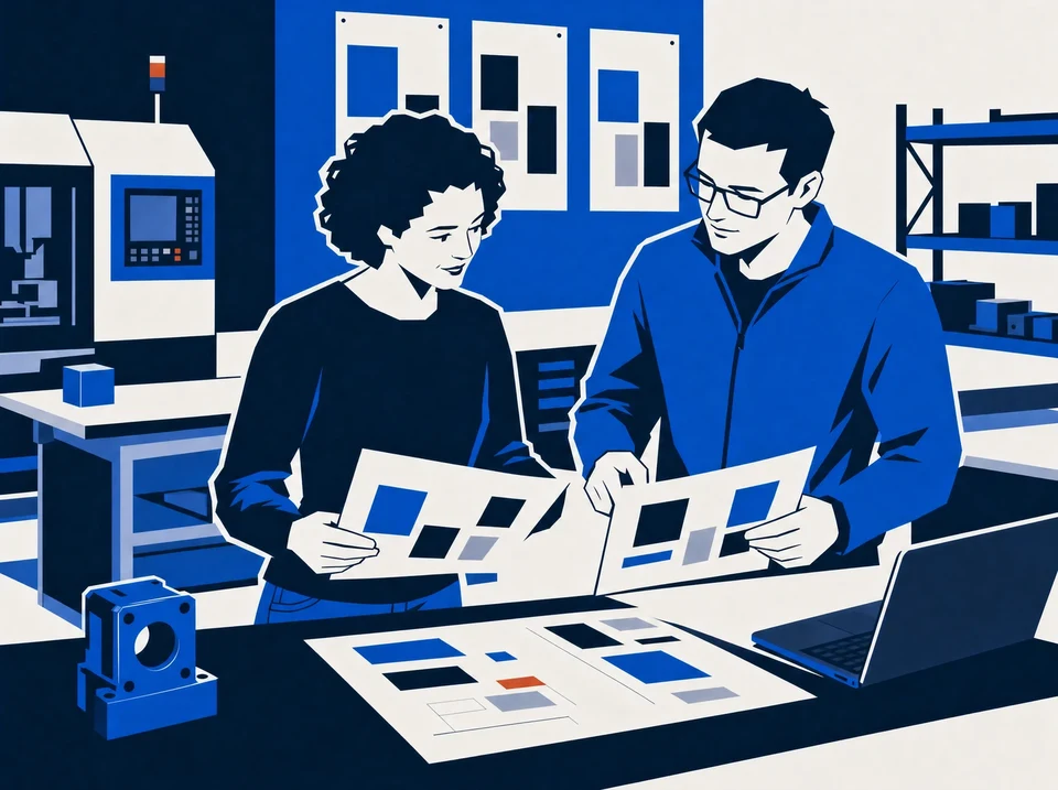 Illustration of two operators comparing outputs with a shared brief and a manufactured part.