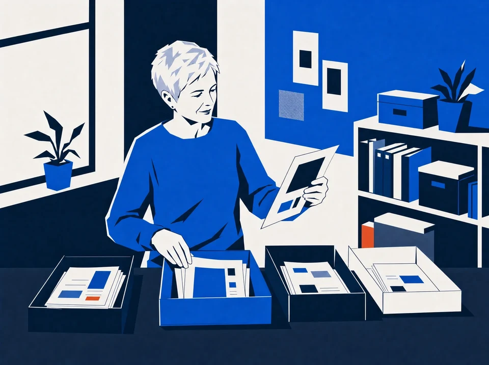 Illustration of a coordinator sorting source pages and adapted content into trays.