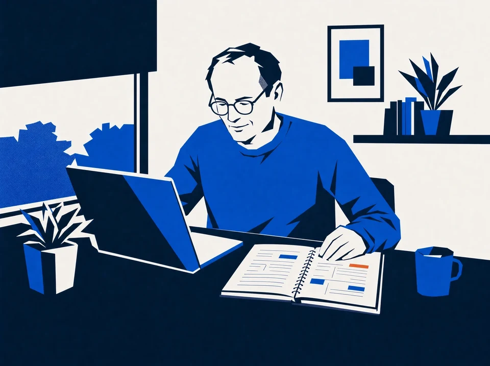 Illustration of a writer comparing buyer questions with an article on a laptop.