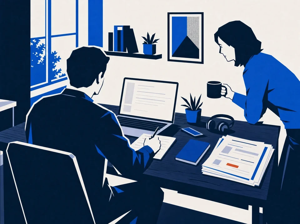 An agency owner sits at a home desk with a laptop and a notebook, working out a project price after reading an AI draft.