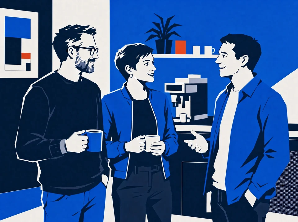 Illustration of three peers joining a conversation beside a studio coffee counter.