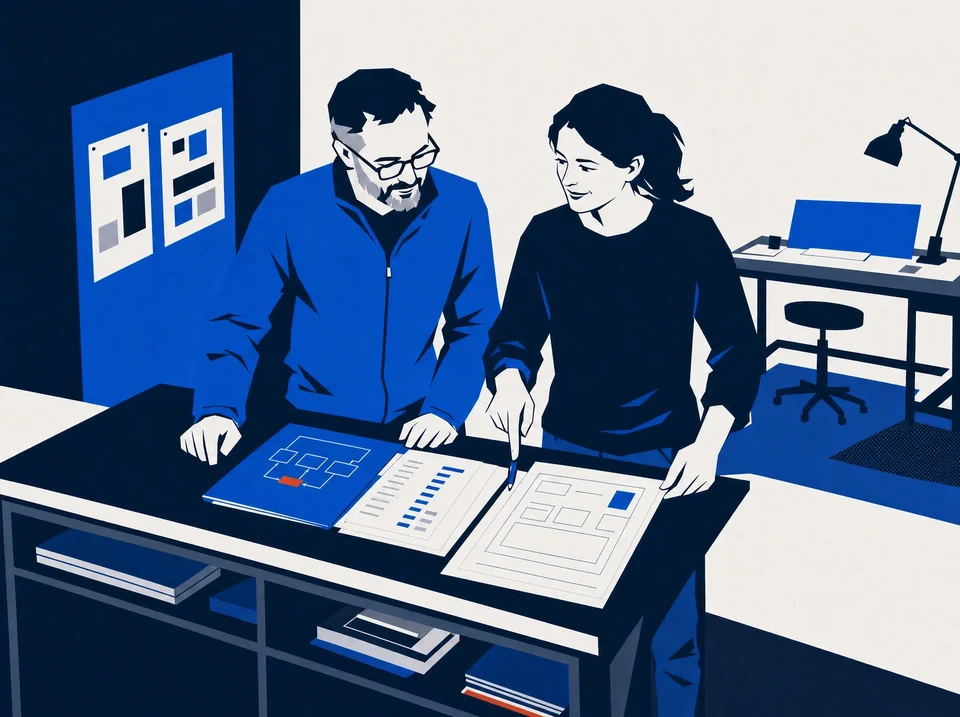 Illustration of an owner and advisor defining a role beside an empty workstation.