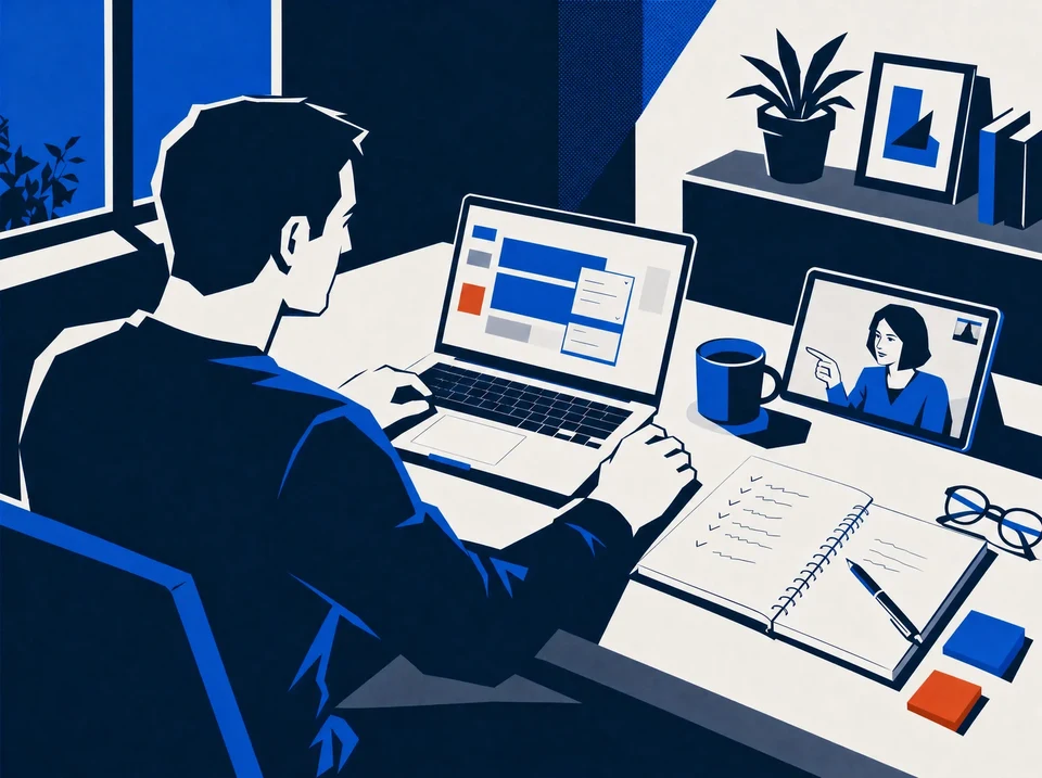 An agency owner at a home desk compares a screen design on a laptop with a handwritten list of changes beside it.