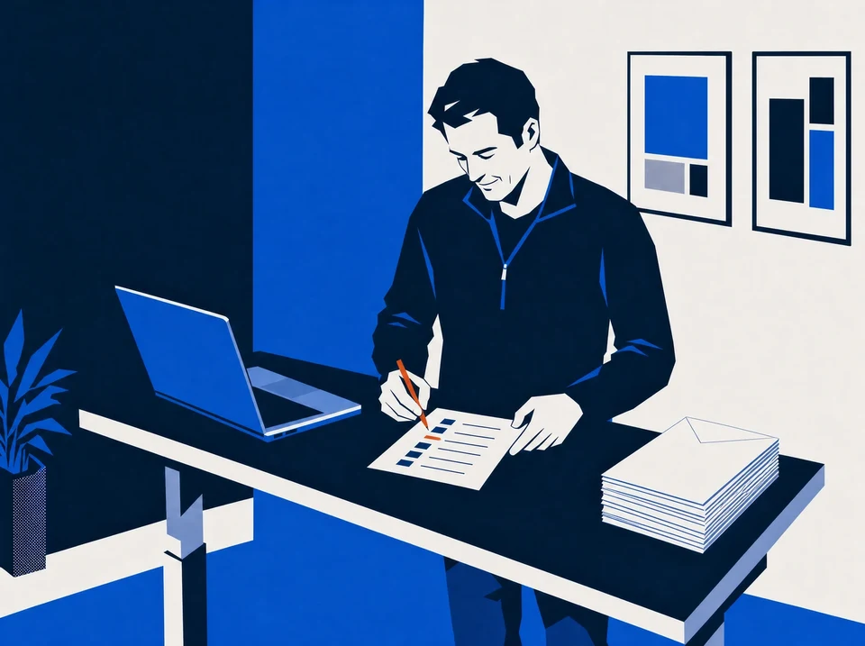 Illustration of an agency owner marking one company on a short target list beside a laptop.