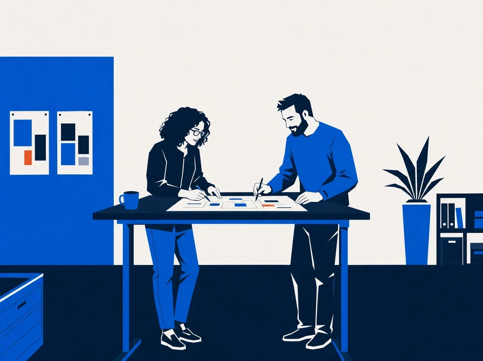 Illustration of two operators reviewing a marketing plan at a workbench.