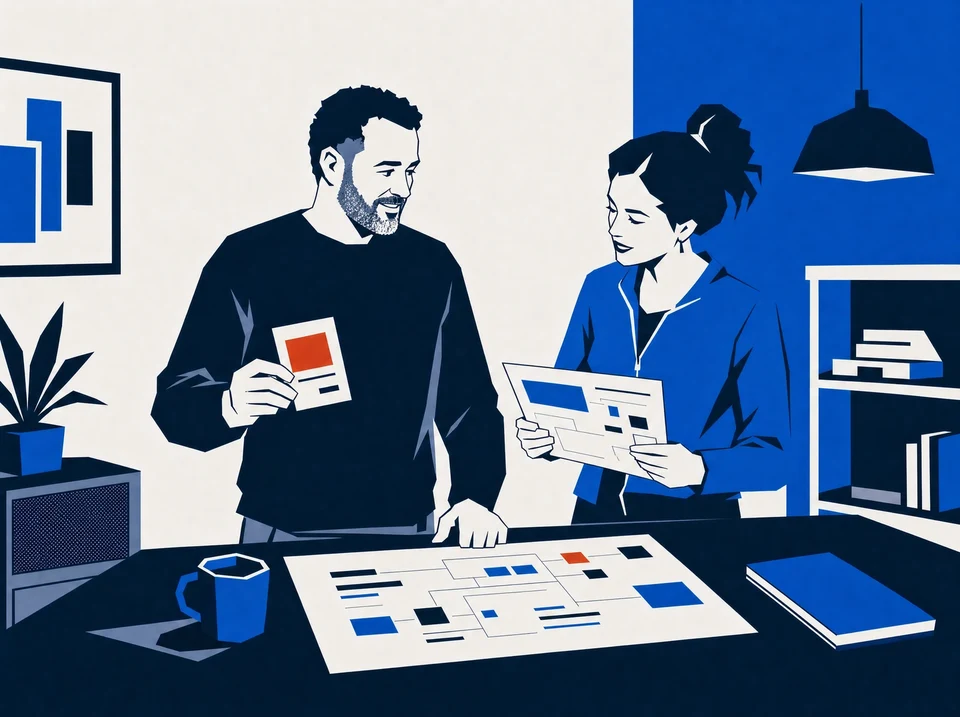 Illustration of a delivery lead holding a new request beside a client reviewing a change sheet.