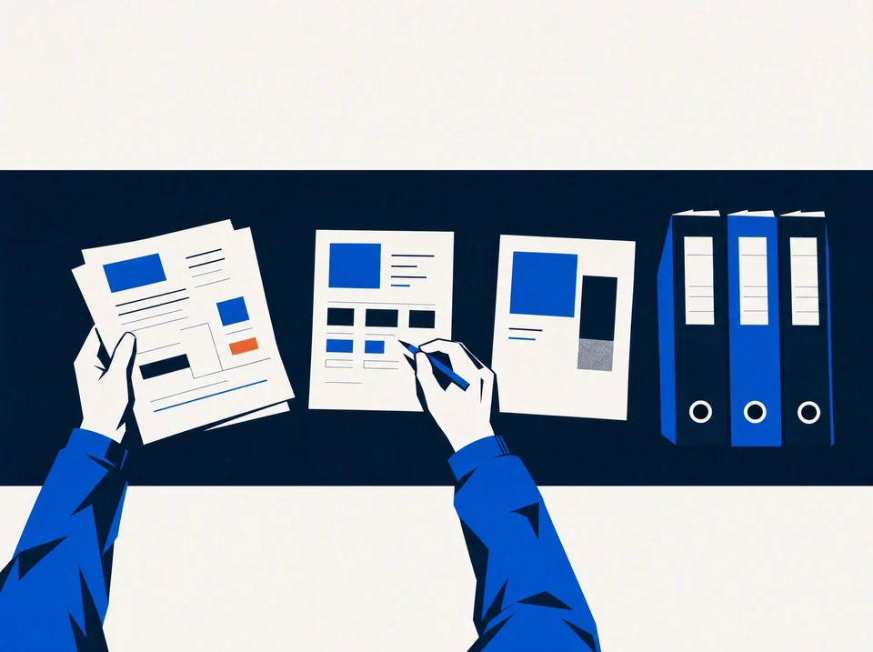 Illustration of hands comparing documents with client folders.