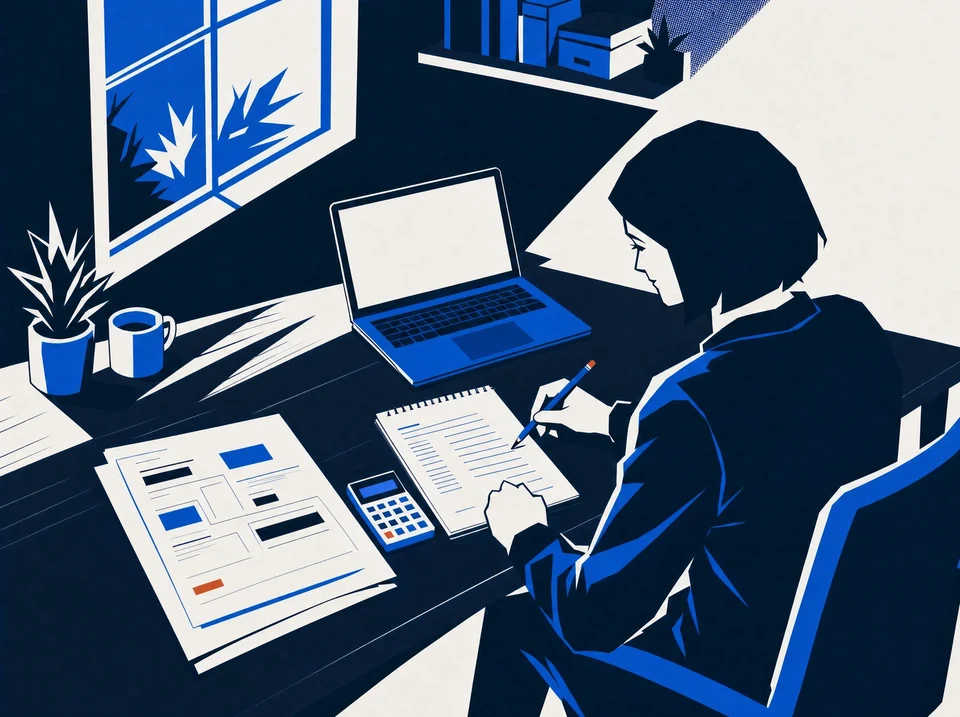 An agency founder works alone at a desk, comparing a printed project price sheet against a notepad of delivery costs.