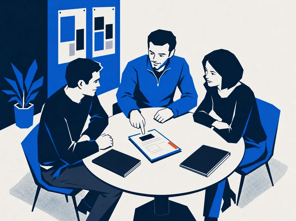Illustration of three agency colleagues reviewing one deal folder at a weekly pipeline meeting.