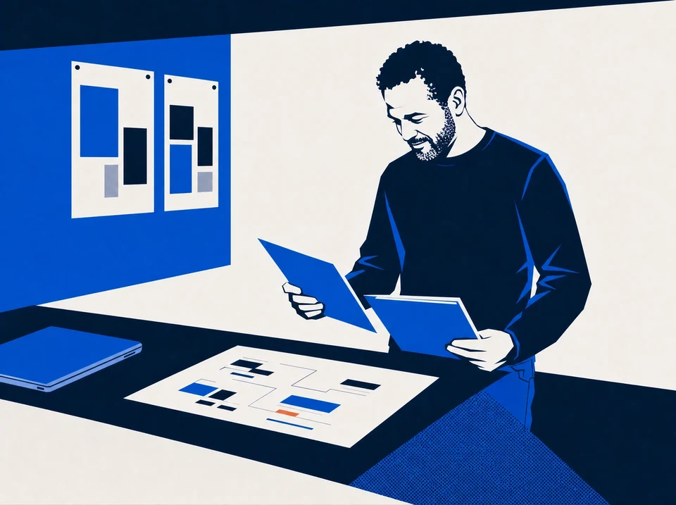 Illustration of a buyer comparing two service folders.