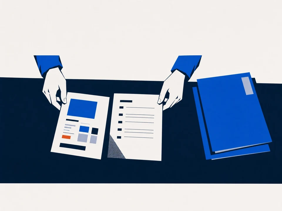 Illustration of hands comparing service options against a criteria sheet.