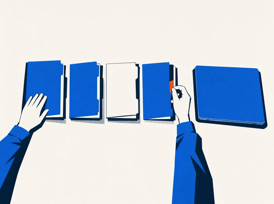Illustration of a hand selecting a client folder from a short list.