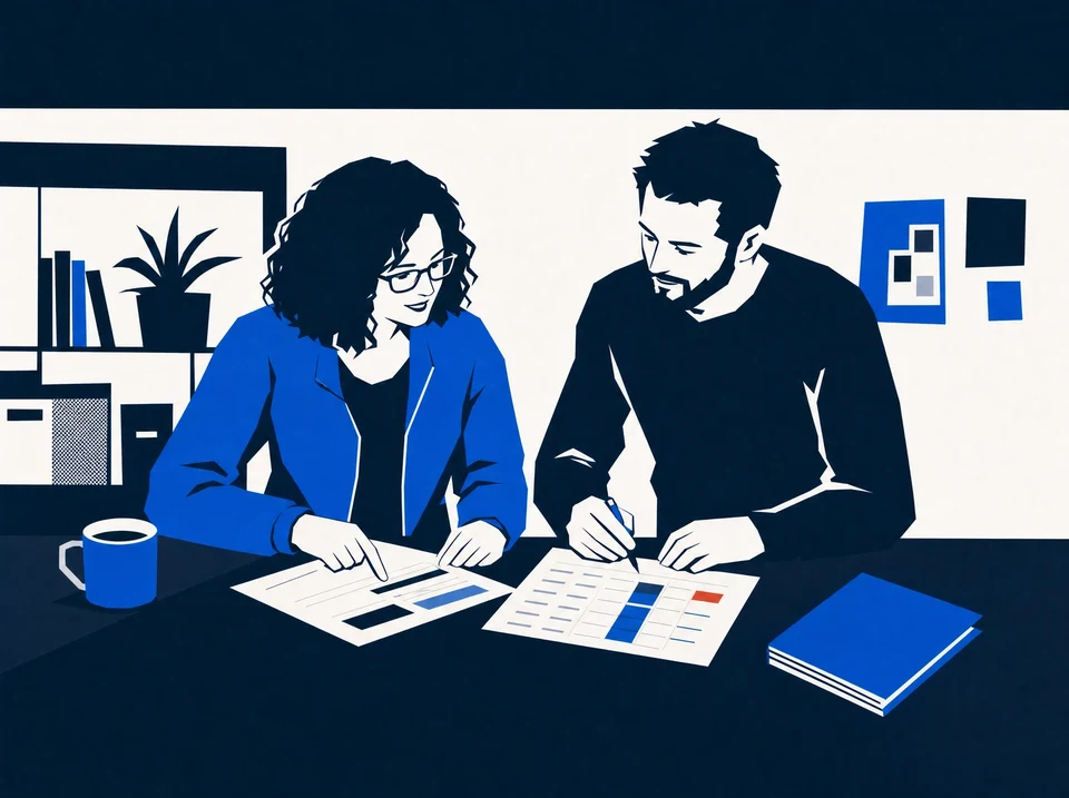 Illustration of an owner and marketer comparing matching worksheet rows.