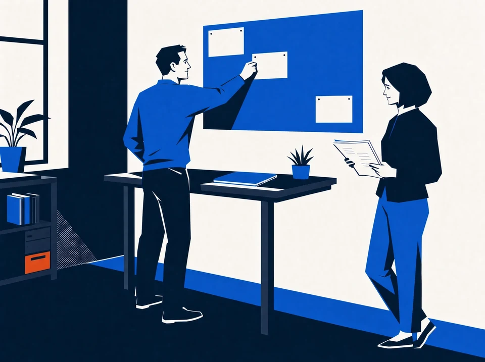 Illustration of an agency owner pinning one card to a nearly empty wall board while a colleague reads printed pages.