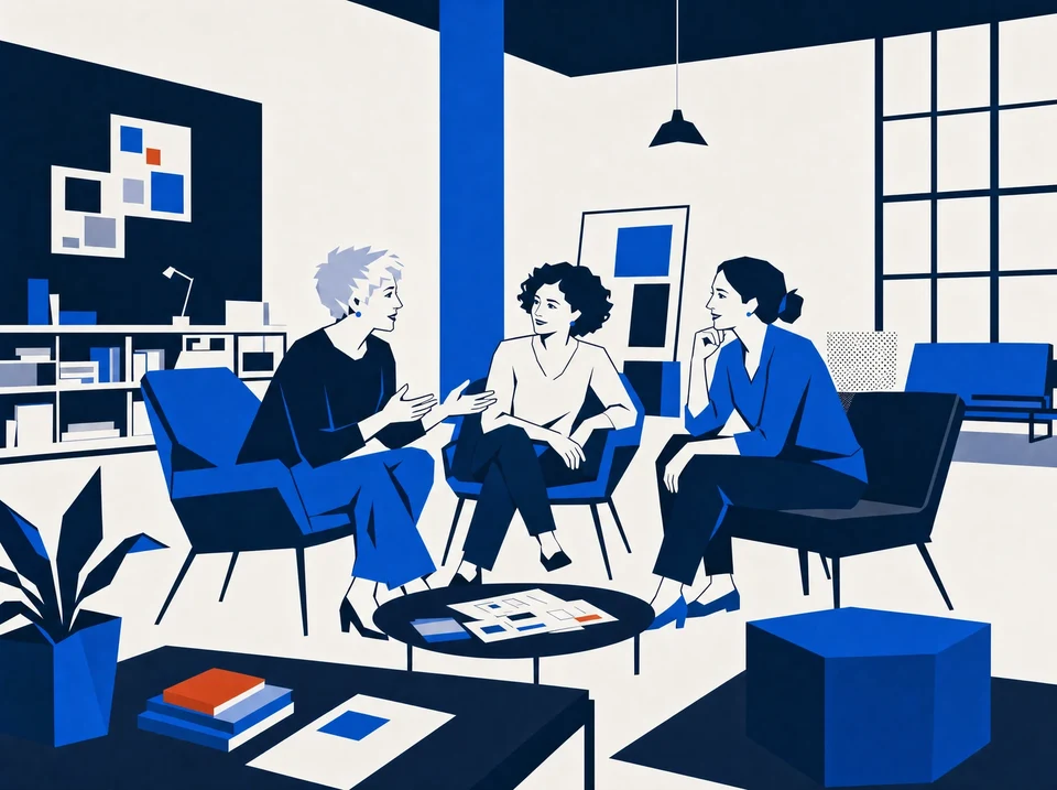 Illustration of three experienced women discussing leadership in a studio seating area.