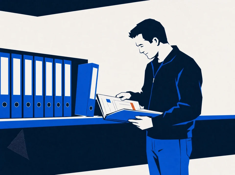 Illustration of an owner selecting project evidence from a collection of folders.